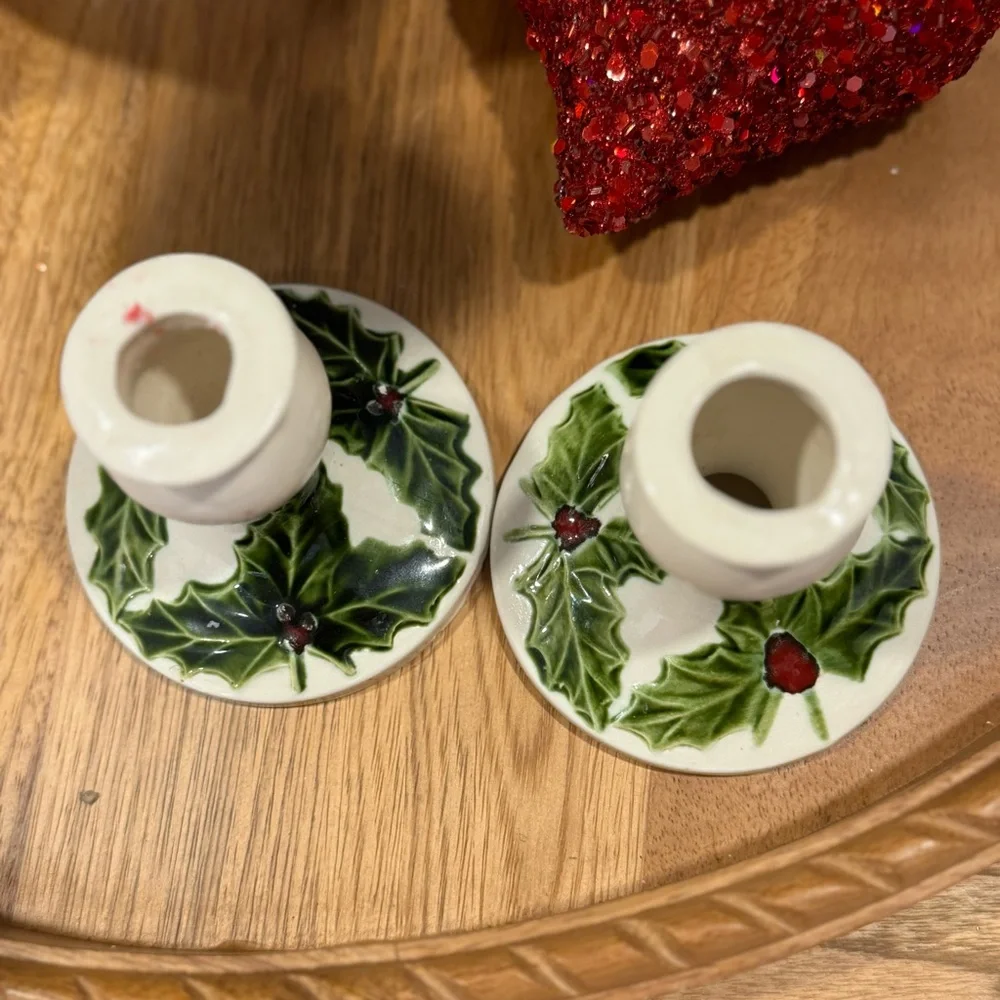 Mid Century Vintage Christmas Art Pottery Candle Holder 3”